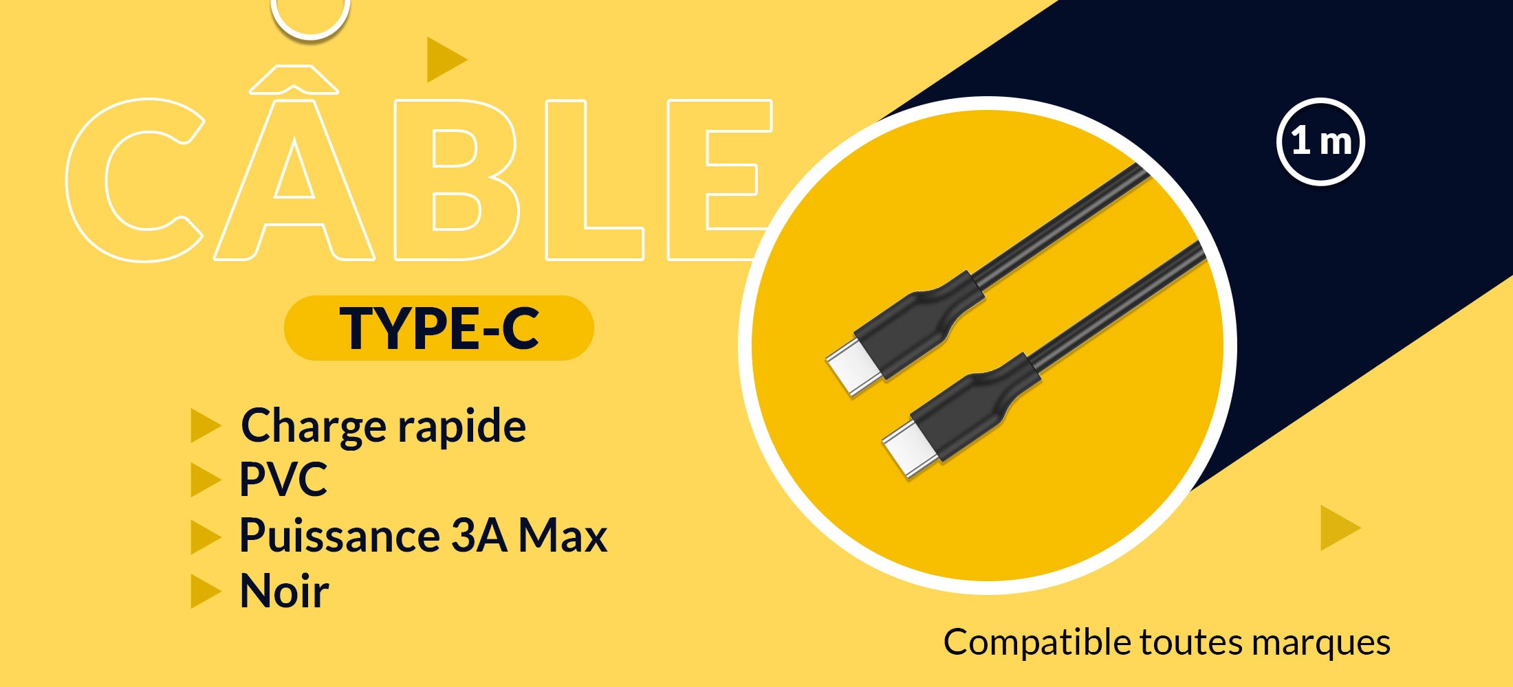 Câble Type C vers Type C - Charge Rapide, Noir – Konrow France